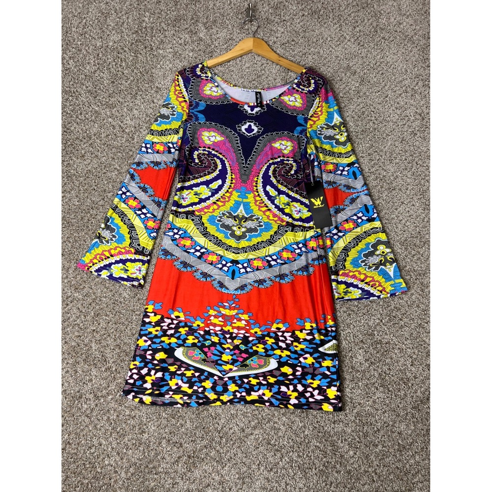 White Mark Couture Red Paisley Floral Bell Sleeve Shift Dress Medium NWT